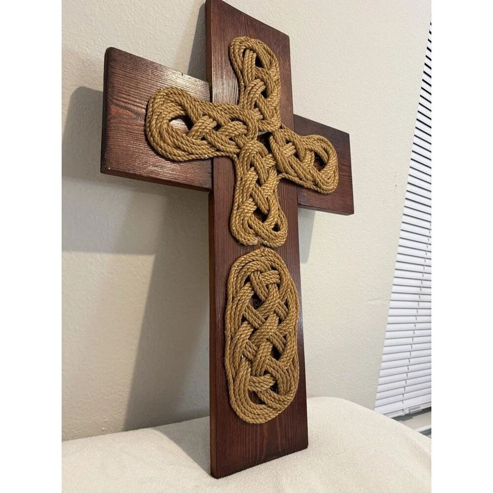 Pewter Rope on Wood Cross 3D wall hanging Cross. Western rustic Decor 29H * 19”w